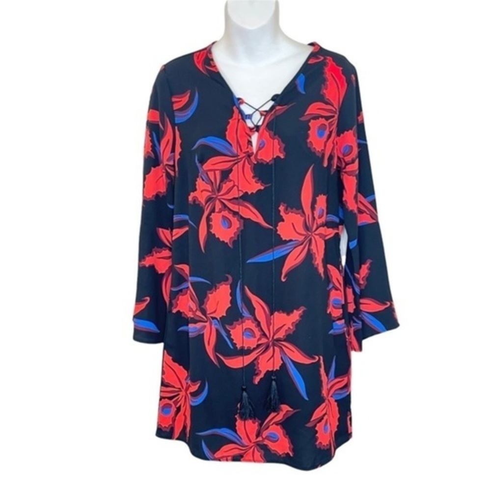 Floral Long Sleeve Dress - Red and Blue